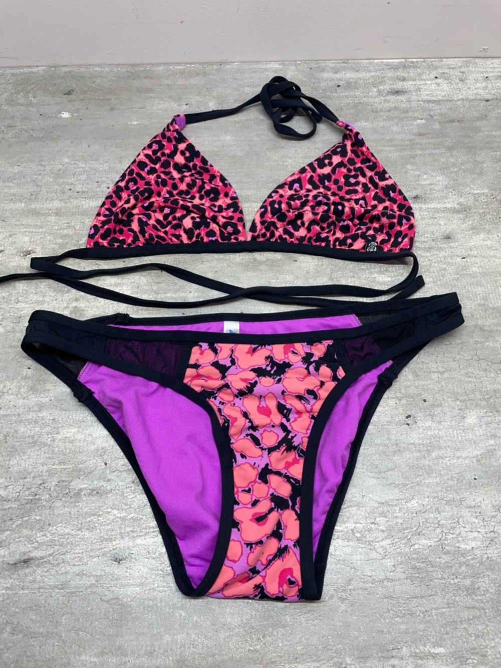 La Vie en Rose Aqua Bikini‎ Set Womens Small Pink Purple Leopard Print Excellent